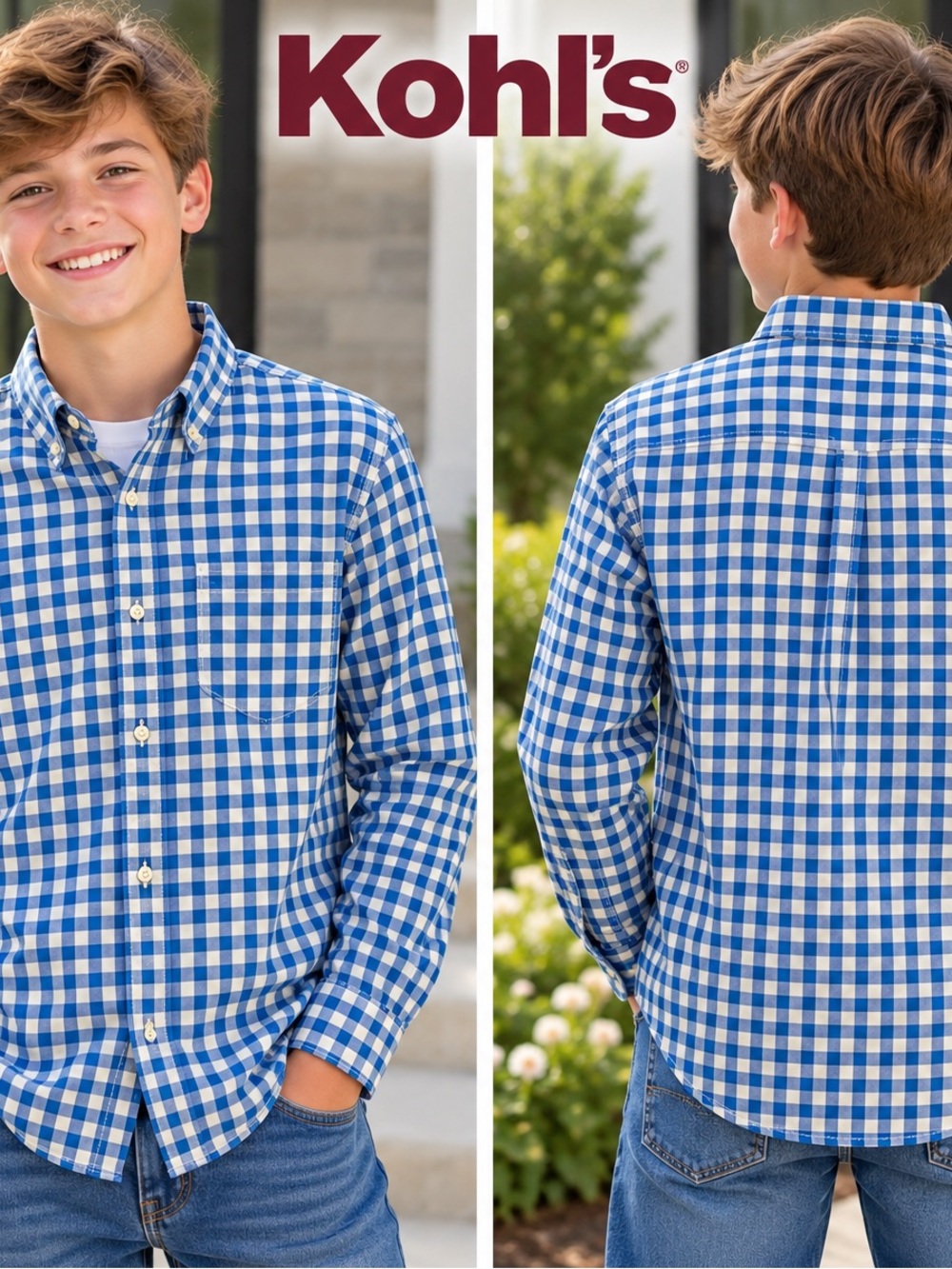 Kohl's Blue and White Gingham Button-Down Shirt; men's small